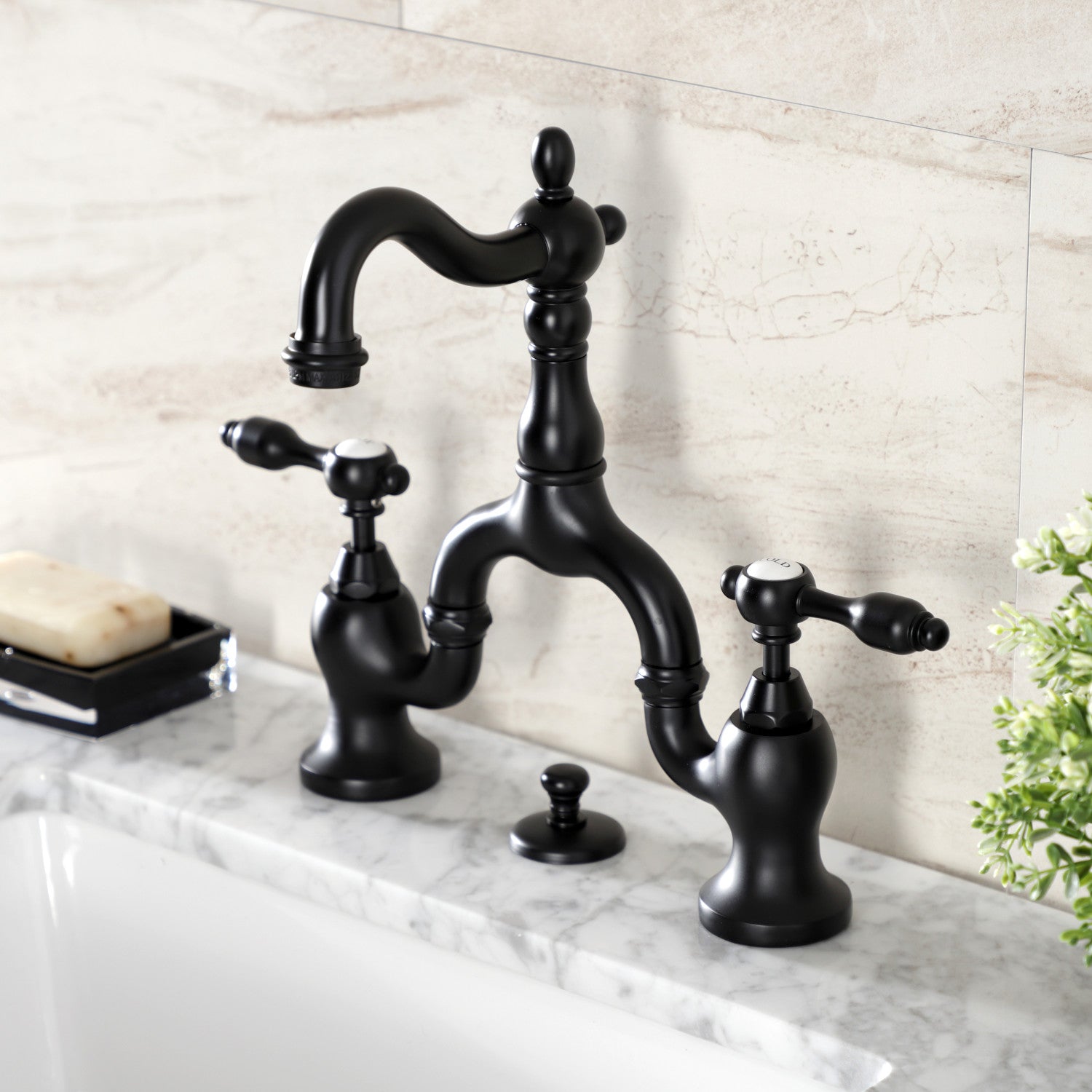 Kingston Heirloom KS7970TAL - Tudor Two-Handle 3-Hole Deck Mount Bridge Bathroom Faucet with Brass Pop-Up, Matte Black — image 1